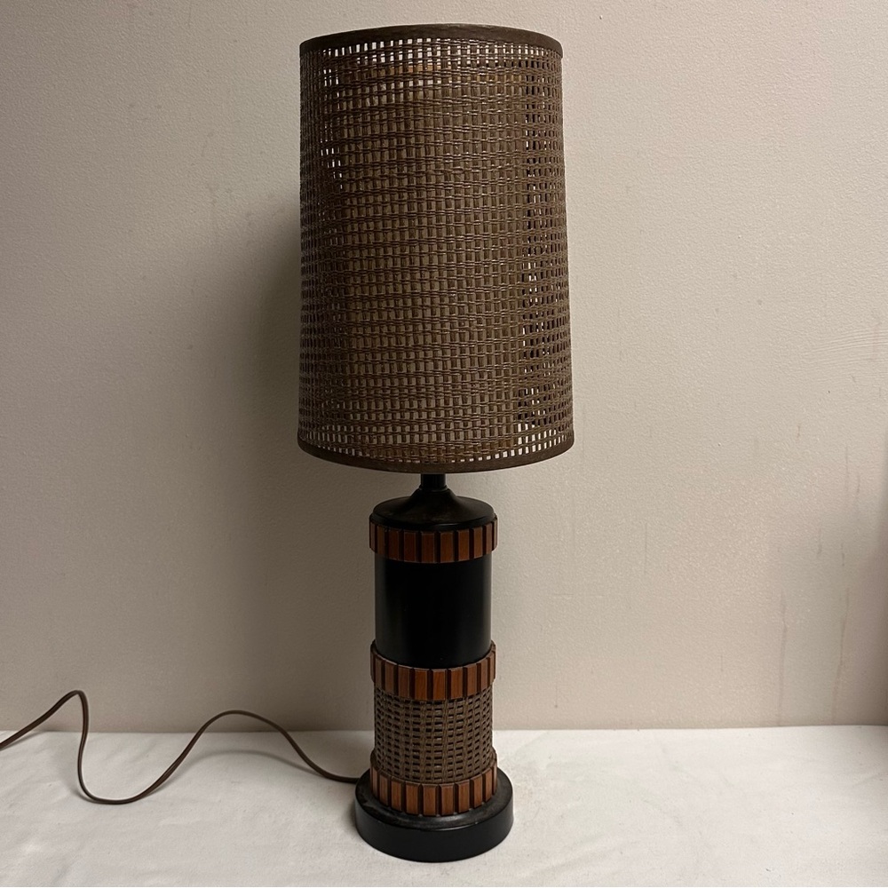 Danish Modern Brown Walnut and Black Desk Lamp Double Cane Fiberglass Shade